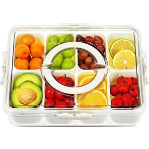 Snackle Box Container with Lid and Handle,8 Compartment Divided Serving Tray-Portable Clear Organizer for Nuts, Fruits, Candy & Veggies-Perfect for Road Trip, Party, Picnic, Camping- 1Pack