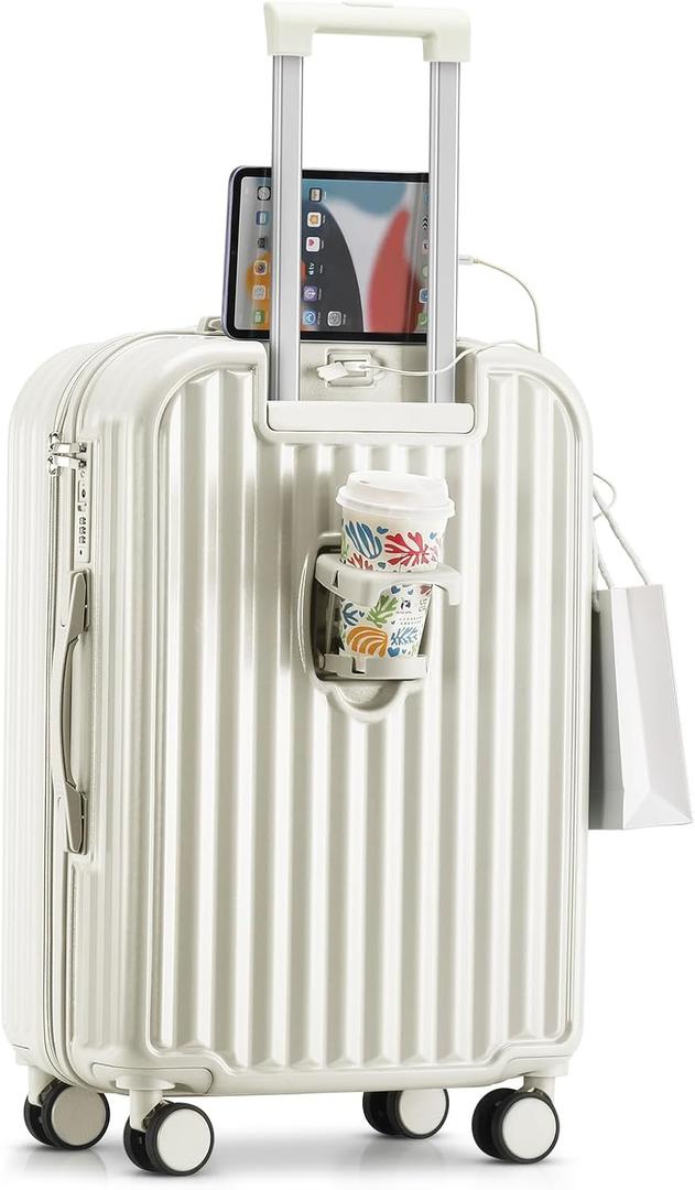 Hard Shell Carry On Luggage With Cup Holder & Charger, 20IN Carry On Luggage With Spinner Wheels, 360 Rotatable, Airline Approved TSA-locked Luggage Unisex (White)