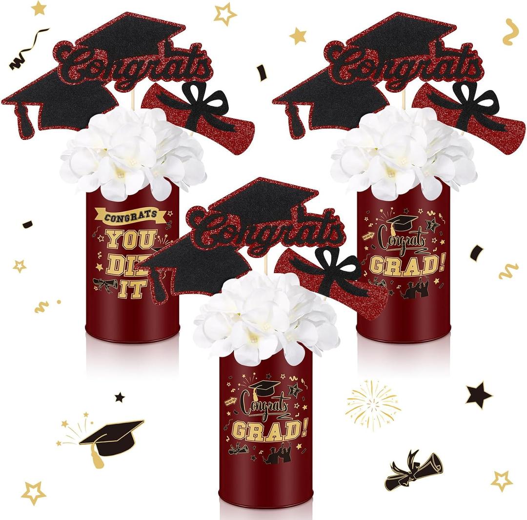Domensi 3 Sets Graduation Table Centerpiece Decorations Maroon and Gold Class of 2026 Includes 3 Silk Artificial Flower 9 Congrats Grad Sticks Picks Toppers 3 Metal Vases for Home Party Supplies Gifts