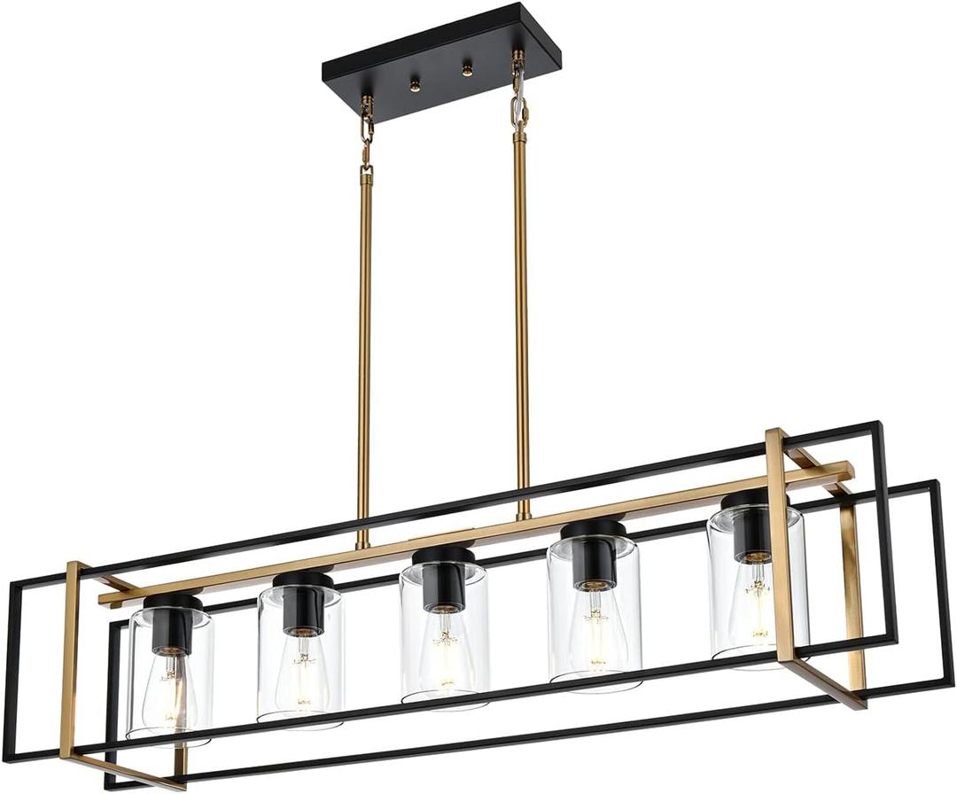 5-Light Farmhouse Chandeliers Black Brass Island Lighting Dining Room Pendant Light Fixtures with Clear Glass Shades Rectangular Hanging Lighting for Kitchen (Black Brass)