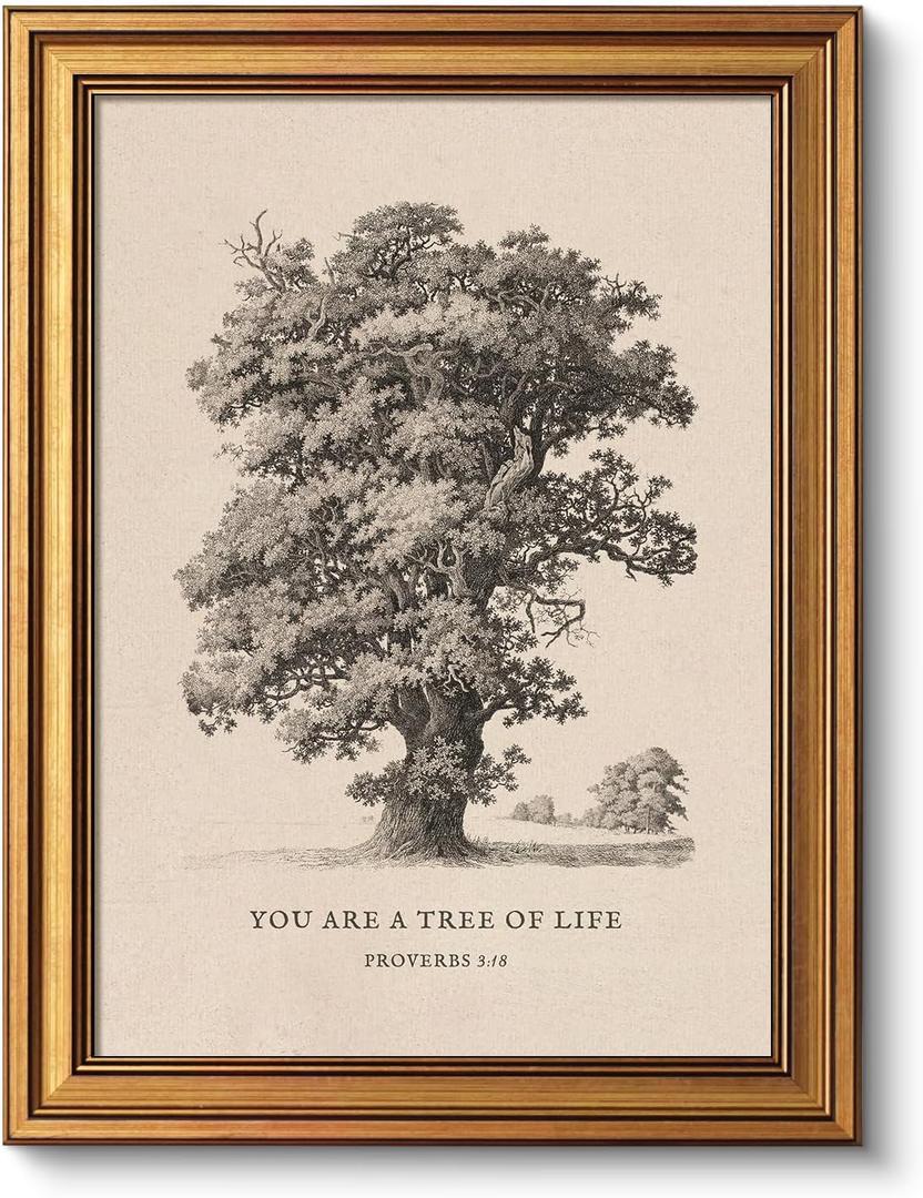VIYYIEA Gold Framed Christian Vintage Canvas Wall Art, Tree Sketch Bible Wall Decor, Minimalist Christian Easter Religious Home for Living Room Bedroom Church Prayer Room 12x16in
