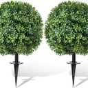 24" Artificial Topiary Boxwood Ball Tree with Ground Spike, Set of 2, UV Resistant Outside Fake Bushes Plants, Faux Cedar Balls Faux Shrubs Plastic Plants for Outdoor Indoor Front Porch Garden Decor