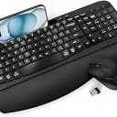 Wireless Keyboard and Mouse Combo, Full-Sized Ergonomic Wave Keys Keyboard with Memory Foam Wrist Rest & Phone Holder, 2.4G Quiet Keyboard Mouse Work Setup for PC Laptop, Office or Home (Black)