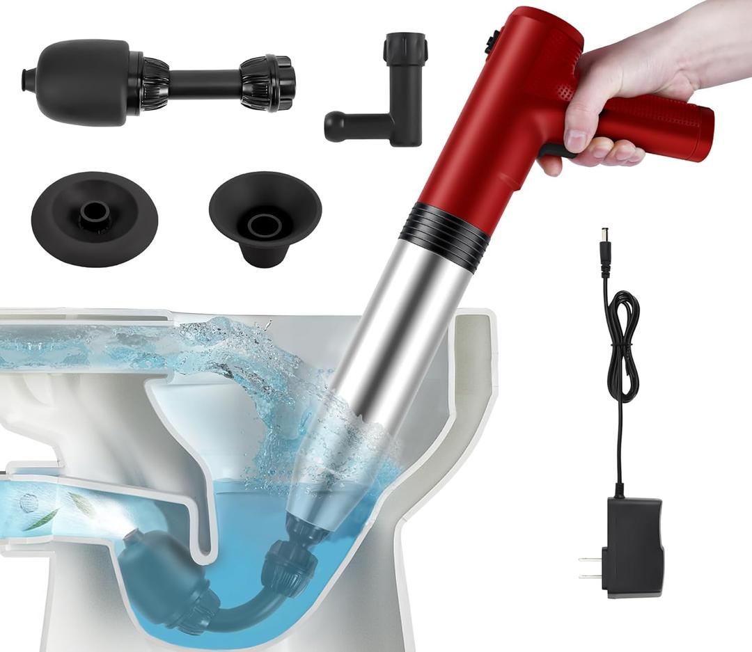 Electric Toilet Plunger High Pressure Electric Air Drain Blaster Gun with Visual BarometerAir Power Plunger for Bathroom,Kitchen Bathtub Toilet Floor Drain Clogged Pipe (Red)
