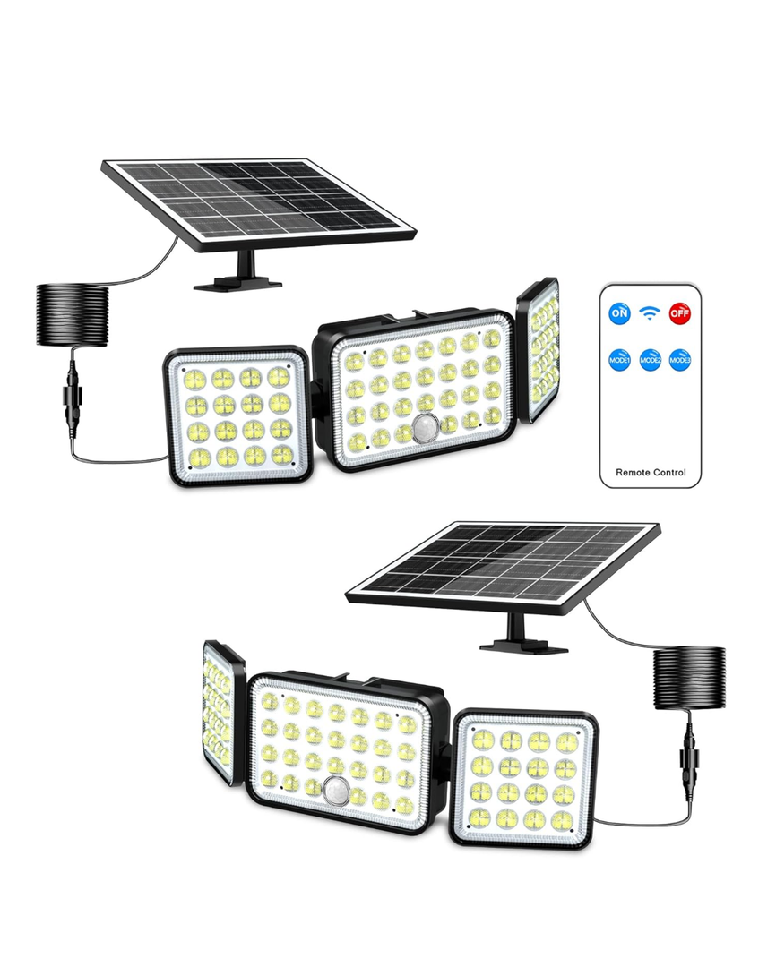 Solar Lights Outdoor,3000LM 236 LED Solar Security Lights with Remote Control,3 Heads Motion Sensor Lights,IP65 Waterproof Split Solar Powered Flood Wall Lights for Garden Garage Yard(2 PCS)