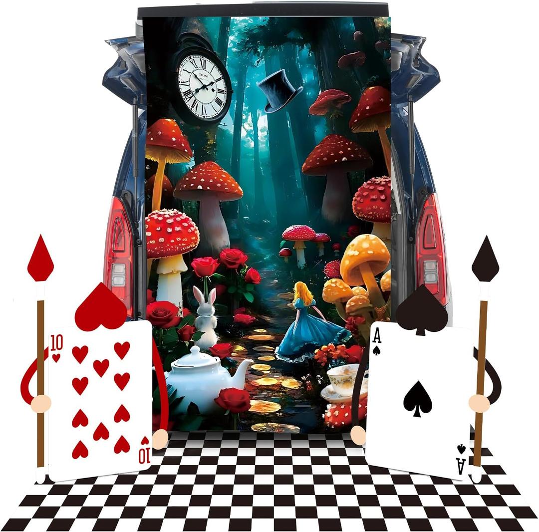 Wonderland Trunk or Treat Car Decoration Kit Halloween Wonderland Party Decorations Queen Soldier Card Stand Heart Shape Signs Backdrop for Halloween Car SUV Archway Door Garage Decor