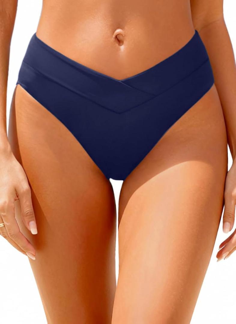 Daci Women V Cut Bikini Bottoms - Mid Waist Cheeky Swim Bottoms High Cut Bathing Suit Bottoms (Blue, M)