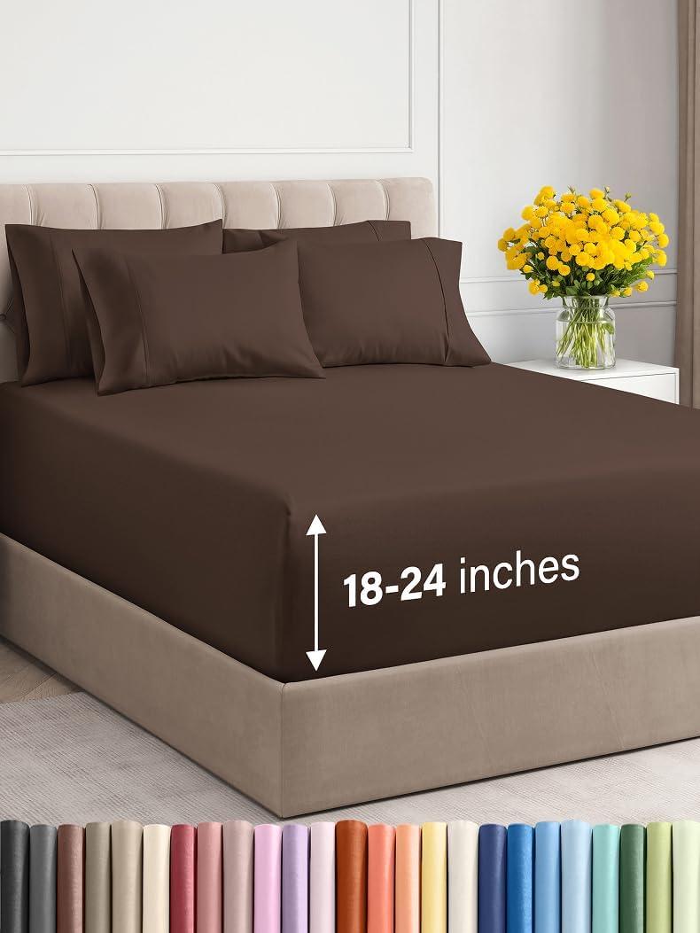 Extra Deep Cal King Sheet Set - 6 Piece Breathable & Cooling Sheets - Hotel Luxury Bed Sheets Set - Easy & Secure Fit - Soft, Wrinkle Free & Comfy Sheets Set - Brown Sheet Set with Extra Deep Pockets