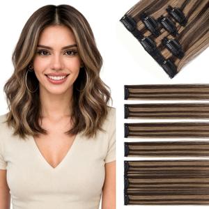 Hairro 5PCS 7 Clips In Human Hair Extensions Clip on Hairpieces For Short Bob Hair Highlight Small Clip Ins 36g 10 Inch #2RP6 Dark Brown Mix Light Brown