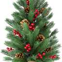 24 Inch Pre-lit Christmas Pine Tree, 2FT Small Table Top Xmas Tree with 50 Warm White Lights, Battery Power Tabletop Tree with Timer, 55 Pines, 10 Pinecones, 70 Red Berries for Winter Home Decorations (Green)