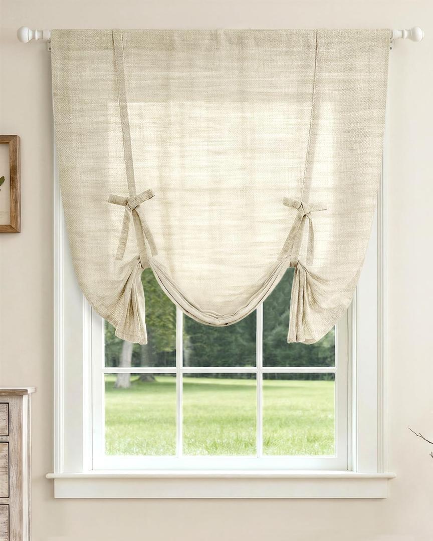 LazBlinds Tie Up Curtains, Linen Privacy Thermal Insulated Balloon Roman Shade Bathroom Window Curtain, Adjustable Rod Pocket Drape for Kitchen, Living Room, Bedroom (34" W x 47" L, Natural)