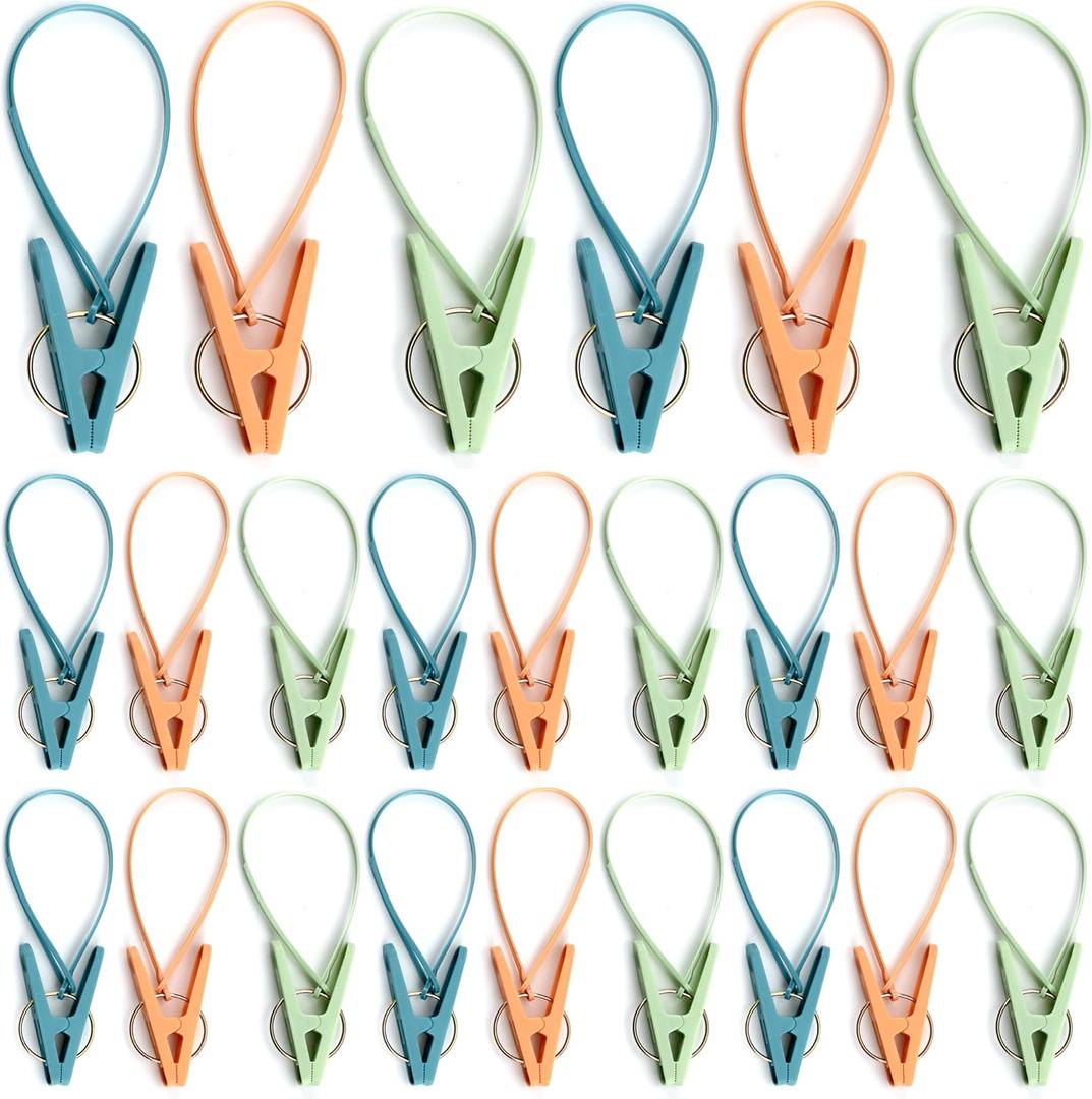 24 Pack Clothes Pins Clothes Peg Clip Pins with Plastic Rope for Clothesline Multicolor Drying Clothing Clips Hooks Windproof Clothes Hanger for Hanging Socks Hats Pants Bras Underwears Towel Photo