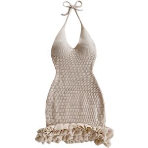 GORGLITTER Women's Vacation Outfit Crochet Halter Knit Bubble Mini Dress Sexy Beach Cruise Summer Miami Resort Outfits, Large