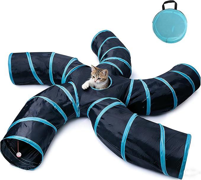 Cat Tunnel for Indoor Cats Large, with Bell Ball S-Shape 5 Way Collapsible Interactive Peek Hole Pet Tube Toys, Puppy, Kitty, Kitten, Rabbit (Blue & Black)
