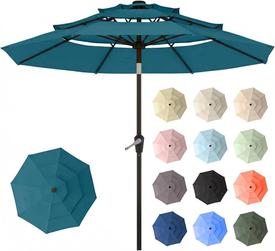 10ft Patio Umbrella, 3 Tier Outdoor Market Table Umbrellas with 8 Fiberglass Ribs and Push Button Tilt, Windproof, Vented Canopy, UV Protection for Deck, Pool, Backyard