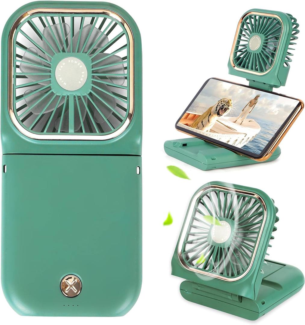 Portable Mini Fan - 5 in 1 with Phone Holder, Desk Fan, USB Rechargeable, 3000 mAh Power Bank, 3 Speed Adjustable, Neck Lanyard, Green Portable Mini Fan - 5 in 1 with Phone Holder, Desk Fan, USB Rechargeable, 3000 mAh Power Bank, 3 Speed Adjustable, Neck Lanyard, Green
