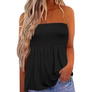 Patchwork Print Tube Tops Women Elastic Trim Strapless Vintage Blouse Multicolour Off The Shoulder Tee (Medium, Black)