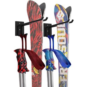 Foozet Ski Storage Rack with Ski Poles Storage Rack Wall Mount Heavy Duty Metal, Suitable for 2 Pairs Snowboard Storage Hanger for Garage Home Indoor Hold up to 100lbs