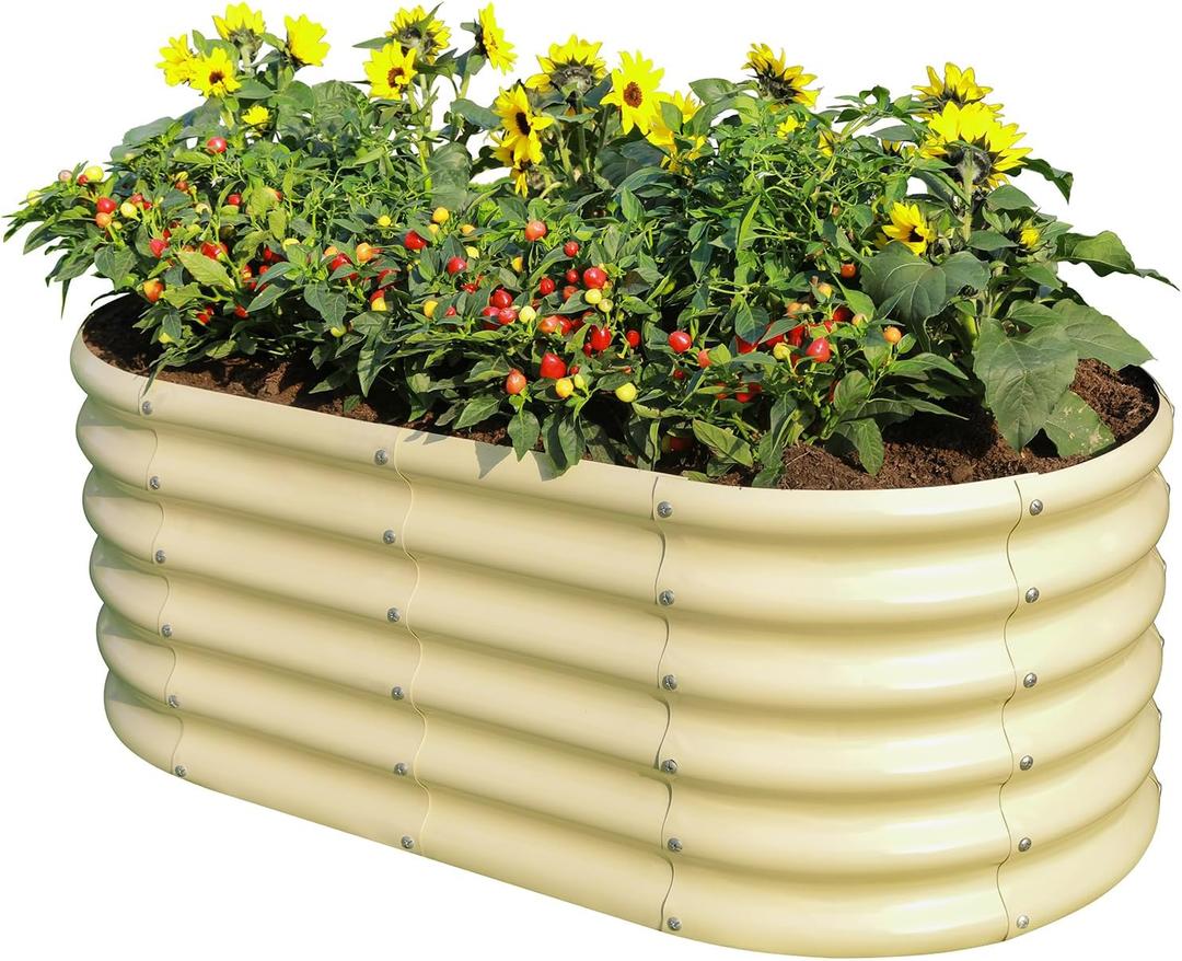 Land Guard 18 Tall Outdoor Metal Raised Garden Bed, Oval Deep Root Planter Box for Vegetables, Flowers, Herbs, 89 Gallon Capacity - Cream Yellow
