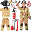 Firefighter Costume for Kids 3-5, Fireman Costume for Boys with Toy Accessories Set, Firefighter Clothes Suit, Toddler Fireman Dress Up Outfit 2-4t, Halloween Role Play for Boys Girls Age 4-7
