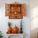 Wooden Pooja Mandir Temple for Home with LED Light, Storage Cabinets and Wall Mounts, Decorative Carved Doors with Om Symbol, Brown Finish, 17.3 x 11 x 10.6 Inches