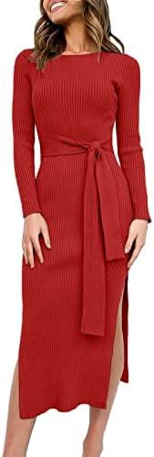 ANRABESS Womens Long Sleeve Sweater Dress Crew Neck Slim Fit Slit Tie Waist 2025 Ribbed Knit Bodycon Midi Dress Fall Outfits, No Siz