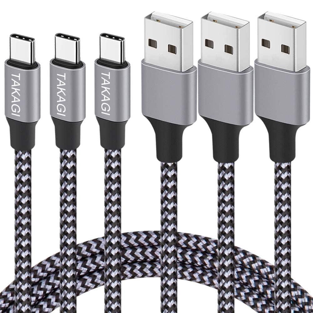 TAKAGI USB to USB C Cable (3Pack 6ft) USB A to Type C Cable Fast Charging Nylon Braided Data Sync Transfer Cord USB C Charger for iPhone 17 Pro Max/17 Air/16e/16 15 Pro/15 Plus/Galaxy S20 S10 Note 20