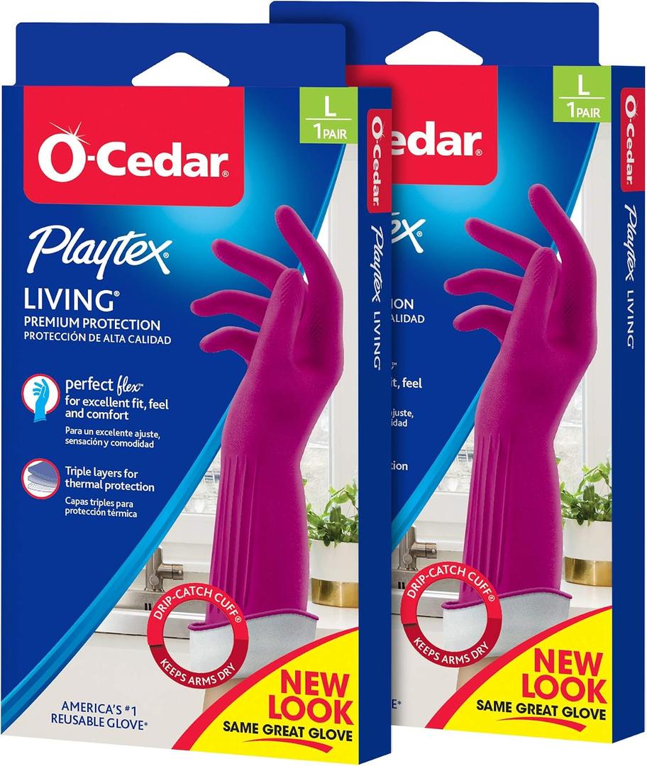 Ocedar Playtex Living Rubber Cleaning Gloves, Premium Protection Reusable Household Gloves, Large (2 Pairs)