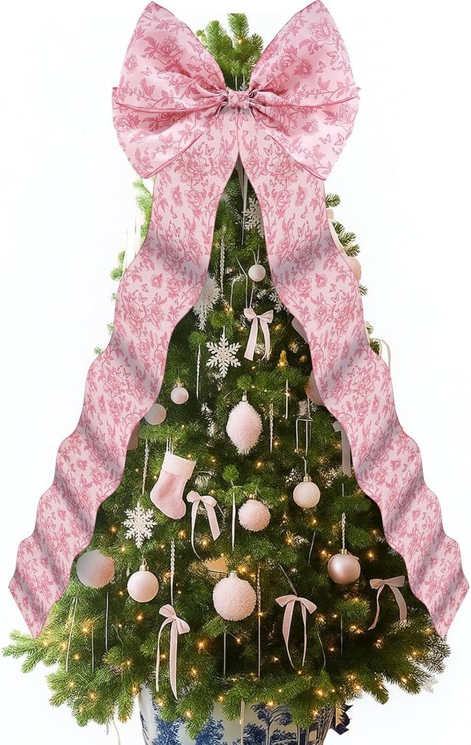 Extra Large Pink Christmas Tree Topper Bow 20 x 47 Inches Giant Chinoiserie Pink Xmas Tree Topper Decor Big Wreath Bow Ornaments for Door Holiday Party Supplies Indoor Outdoor Home Decor (Pink and White)