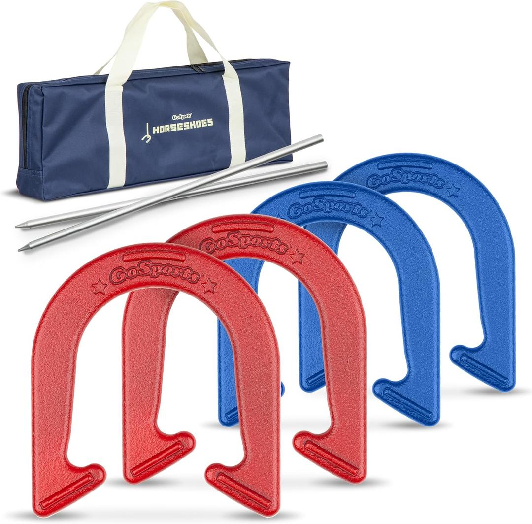 GoSports Steel Horseshoes Outdoor Game Set - Gold & Silver or Red & Blue - Official Size and Weight