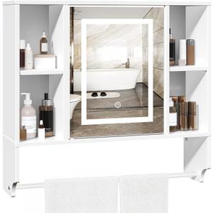 MAHANCRIS Bathroom Wall Cabinet with Mirror, Wall Mounted Medicine Cabinet with Color Adjustment LED Lights, Mirrored Over The Toilet Storage Cabinet with Adjustable Shelves, 23.6''W x 21.6''H, White