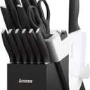 Astercook Knife Set, Kitchen Knives with Block and Sharpener Ceramic Coating 15 Pcs German Stainless Steel Knives Sharp Blade Dishwasher Safe Deba Knives with Ergonomic Handle, Elegant Black
