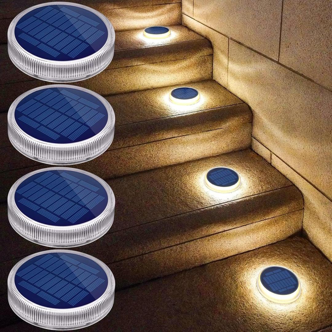 YiLaie LED Solar Deck Lights Outdoor Round Stick on Solar Powered Waterproof, Auto ON/Off Solar Stair Lights for Garden Patio Concrete Pathway Walkway Driveway(4 Pack) (Warm White)