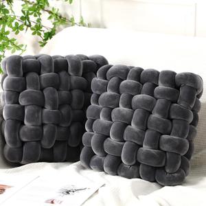 Wenqik 2 Pcs Knot Pillows Square Knotted Plush Throws Soft Accent Pillows Decoration Cushion for Couch Home Office Living Room Bedroom Bed Sofa Decor, 12'' x 13''(Dark Gray,Crystal Velvet)