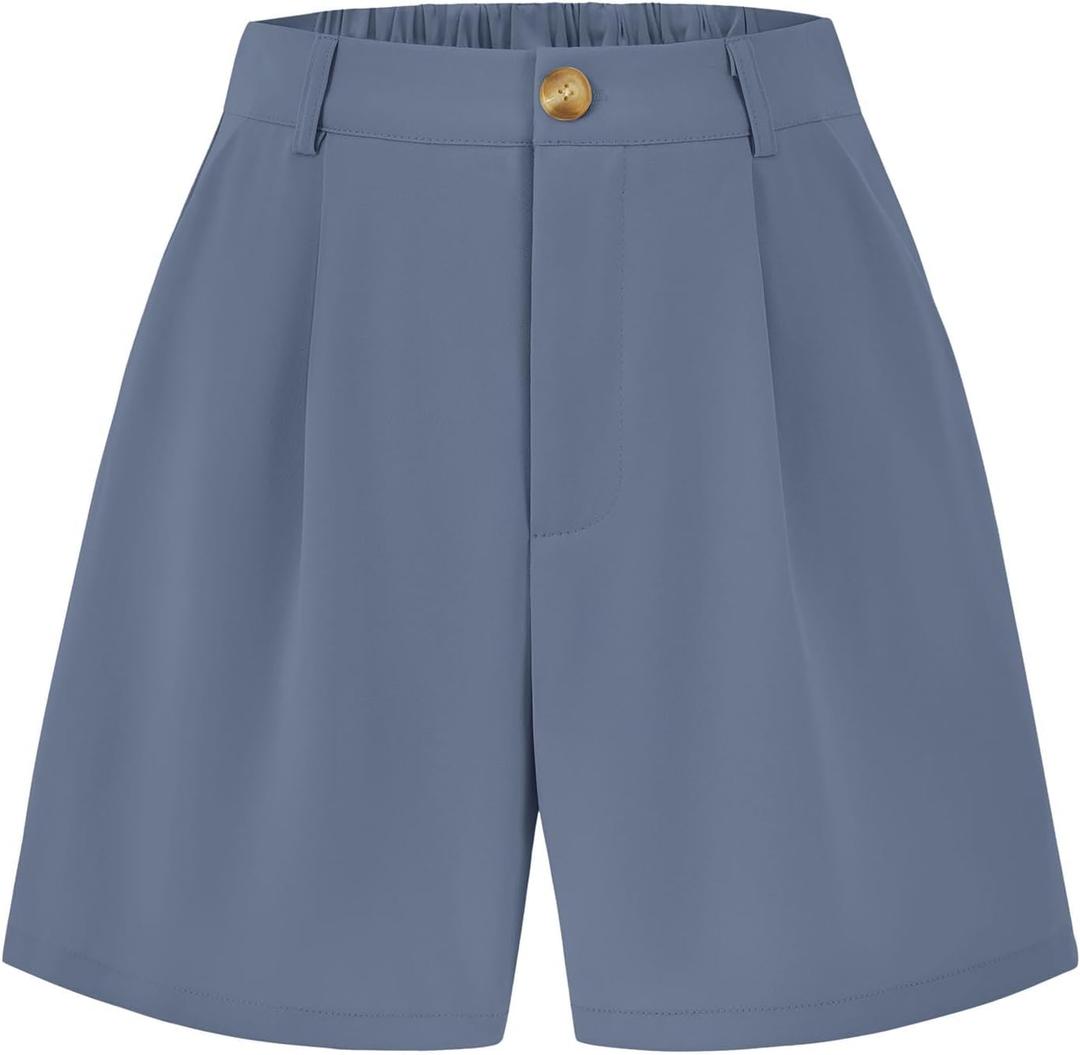 KIRUNDO Shorts for Women Dressy Casual Summer High Waisted | Elastic Waist, Pleated Design, With Belt Loop & Pockets, Wide Leg Tailored Work Shorts, Elegant Professional Office Outfits (Blue, XXL)