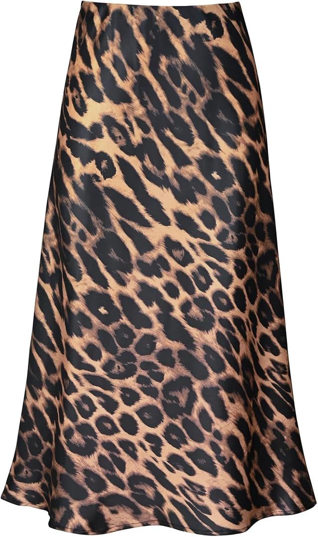 Women's Satin High Waist Hidden Elasticized Waistband Flared Casual A Line Midi Skirt (Cheetah Print, Small) (Brown, S)