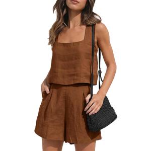 YMING Women Two Piece Shorts Set Sleeveless Lounge Sets Summer 2 Piece Linen Tank Top and Shorts with Pockets Dark Brown S
