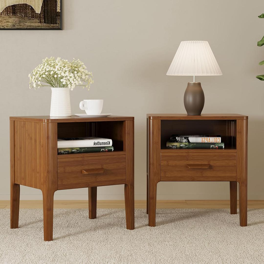 Merax Bamboo Nightstands Set of 2, Night Stands w/Drawer & Shelf, Brown, 20 Inch Set