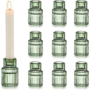 Hewory Glass Taper Candle Holders: 10 PCS Green Vintage Candle Holder Candlestick Holders Bulk, Ribbed Glass Candle Holder Candle Sticks Holder Decor for Table Centerpiece Wedding Christmas Home Decor