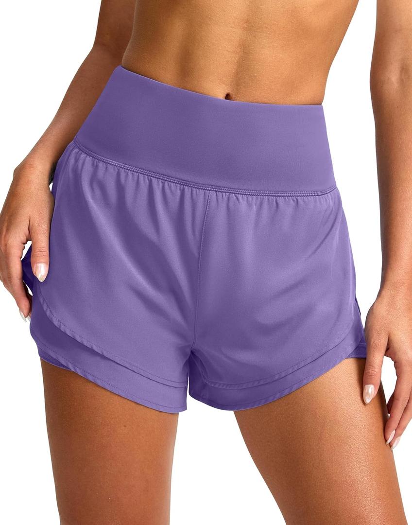 SANTINY Women's 2 in 1 Running Shorts with Pockets 3" High Waisted Exercise Workout Athletic Shorts for Women with Liner (Purple, L)