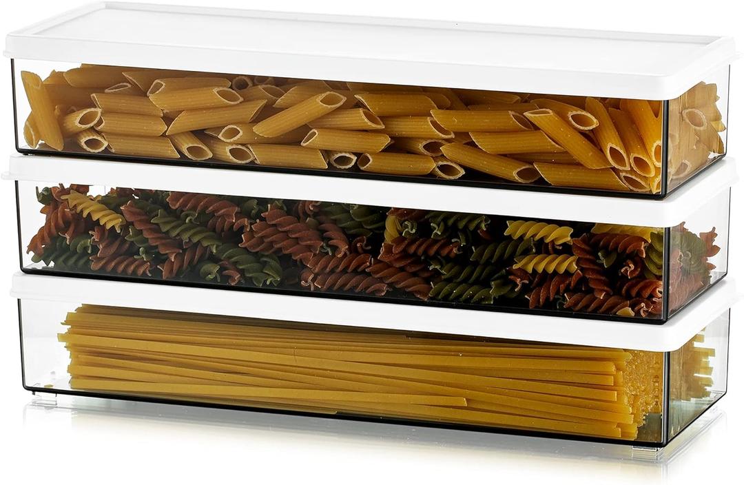 Hanobe Pasta Containers for Pantry Large Spaghetti & Noodle & Lasagna Canister 3 Pcs Clear Grey Rectangular Canister with Lock Lids Durable Plastic Food Keeper for Fridge Kitchen Cabinet