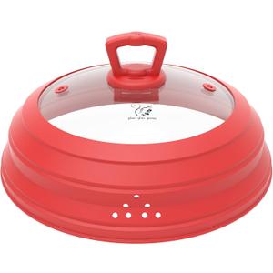 Microwave Splatter Cover Vented Glass Splatter Guard Lid with Collapsible Silicone for Food as Pot Cover 11.8 inch Large Plate for 6 7 8 9 10 11 inch Plate Bowl (Red)