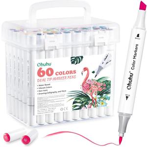 Ohuhu Water-based Markers for Adult Coloring Books No Bleeding 60 Colors Dual Tips Chisel & Brush Coloring Markers for Kids Adults Beginners Drawing Pens for Journaling Lettering
