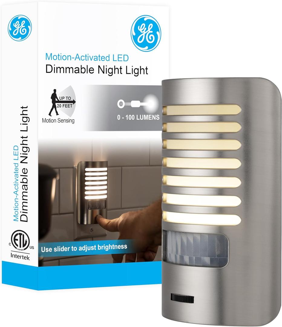 GE LED Night Light, Motion Sensing, Dimmable, Louver Shade, Brushed Nickel, Plug-in, UL-Certified, Ideal Nightlight for Bedroom, Bathroom, Kitchen, Hallway, and More, 67551