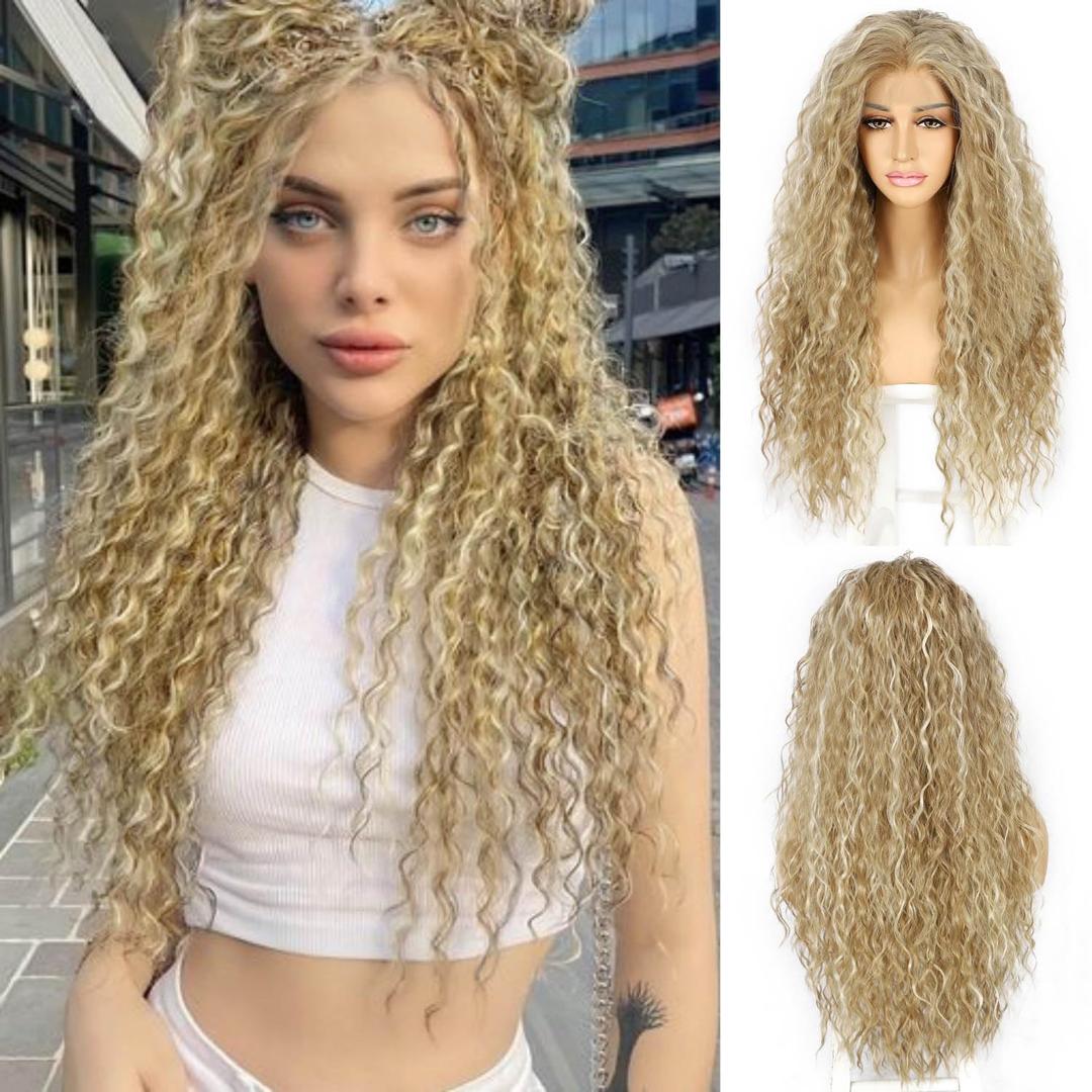 SAPPHIREWIGS Curly Lace Front Wigs Highlight Blonde Long Water Wave Synthetic Wig Pre-plucked Hairline Blonde for Black Women, 26inch