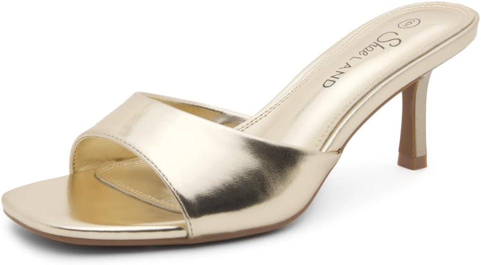 Shoe Land Women's Low Heels Stiletto Heeled Slides, Open Toe One Band Slip-On Heeled Mules  Dressy Heeled Sandals for Prom, Party Wedding and Vacation (7, Gold)