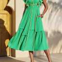 Wenrine Womens Summer V Neck Midi Dress Casual Ruffle Sleeve Contrast Color Loose Fit Flowy Long Dresses (S)