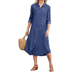 chouyatou Women's Summer Casual Denim Shirt Dress Loose Fit Button Down Midi Long Tunic Jean Dress