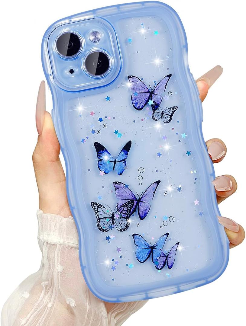 UEEBAI Wave Butterfly Case for iPhone 15 Case, Pretty Bling Star Butterfly for Women Cute Shiny Glitter Phone Cover for Girls Bling Clear Cover Curly Shockproof Girly Shell - Blue