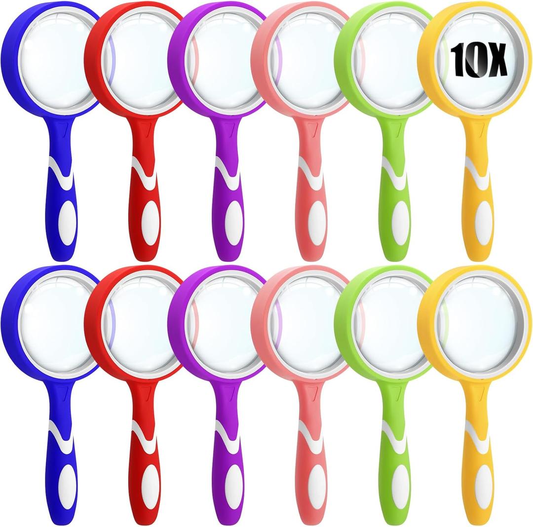 Xuhal 10X Magnifying Glass Handheld Shatterproof Reading Magnifier for Seniors and Kids, 50mm Colored Magnifying Lens with Non Slip Rubber for Observation Exploration Science (Bright Color,12 Pcs)